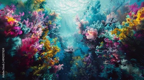 Abstract underwater world with coral reefs and vibrant blues and greens © fourtakig