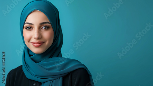 Confident Middle Eastern female customer with a stylish hijab, headshot on a serene blue backdrop, radiating positivity.