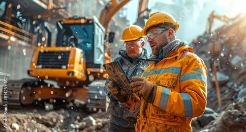 Two construction workers wearing yellow safety helmets and high vis jacket, standing in front of two excavators and holding digital tablets against sunny blue sky background at morning light