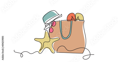 Single continuous line drawing of women's summer bag with beach accessories.beach bag, sun cream, towel, slippers’Beach hat, sunglasses with starfish. illustration for poster, banner, flyer