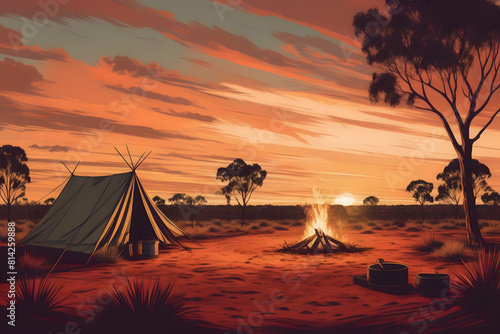 Charming illustration  Aussie Outback campsite with swag and campfire. Simple living under starlit skies  adventure awaits 