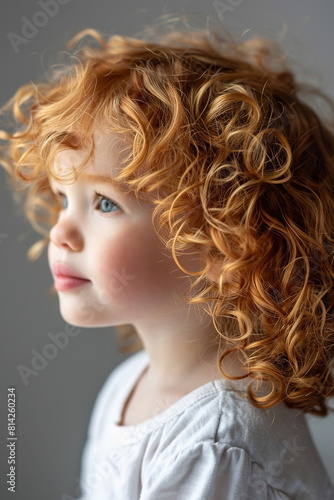 Profile view of young toddler with curly blond hair looking sideways