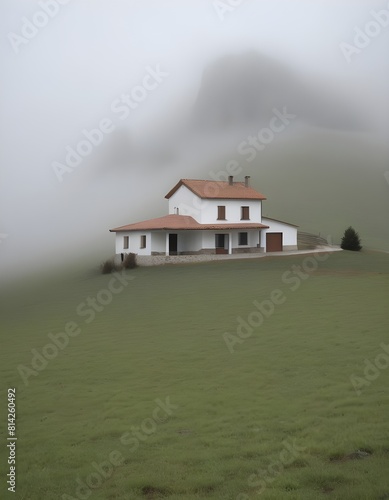 Casa aislada en la montaña con niebla, granja del norte de Europa en el campo photo