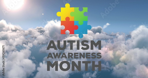 Image of colourful puzzle pieces and autism awareness month text over sky