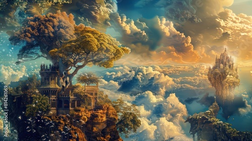 View of trees above the height of the clouds, illustration of a fictional world.