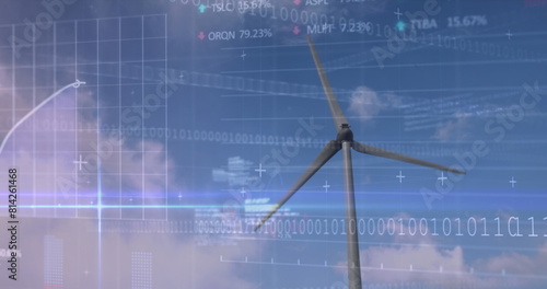 Image of financial data processing and binary coding over wind turbine