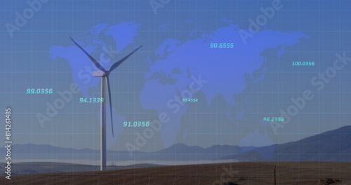 Image of financial data processing over world map and wind turbine