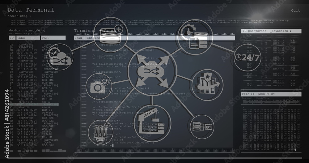 Fototapeta premium Image of network of connections with icons over data processing on black background