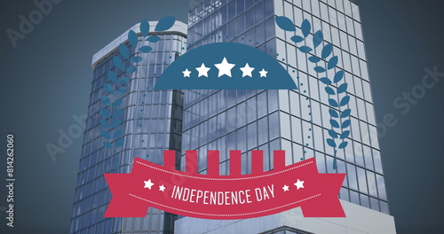 Image of independence day and logo text over cityscape