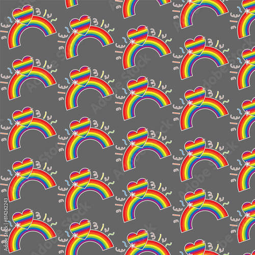 Colorful seamless pattern with LGBT symbols. Lesbians, gays, bisexuals, transsexuals. LGBT holiday colors, flag, heart, rainbow. Cartoon texture on a gray background for decoration and print.