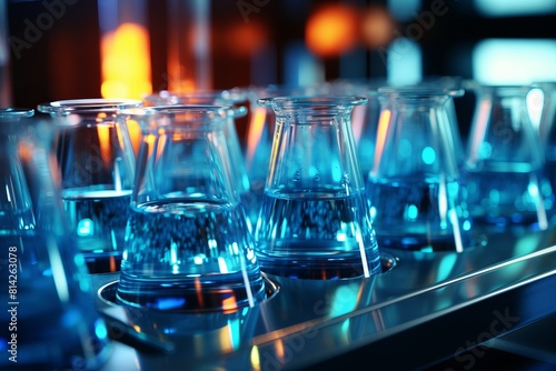 Close-up of blue liquid in glass beakers with a science lab in the background. The image is suitable for use in articles about chemistry, science, and laboratory experiments.