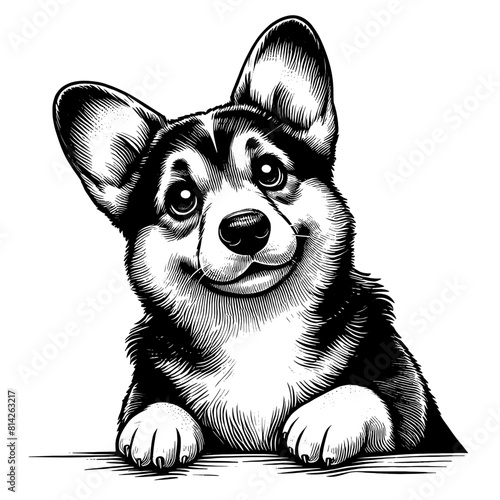 Hand drawn cute peeking Corgi, vector sketch isolated on transparent background.