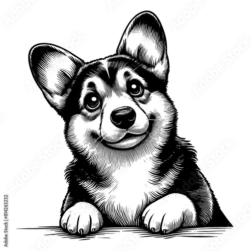 Hand drawn cute peeking Corgi, vector sketch isolated on transparent background.