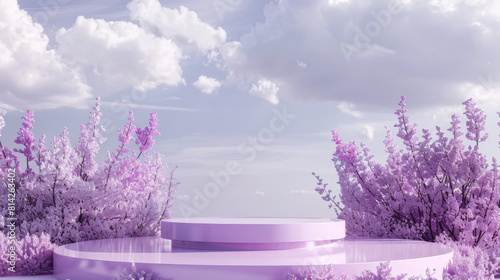 3d render  abstract background with lavender flower on the podium and sky in pastel purple colors for product presentation  mock up  template  empty space