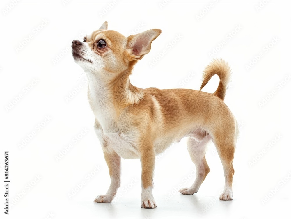 Chihuahua A tiny Chihuahua, showcasing its devotion and petite form, ideal for highlighting its appeal as a companion, isolated on white background.