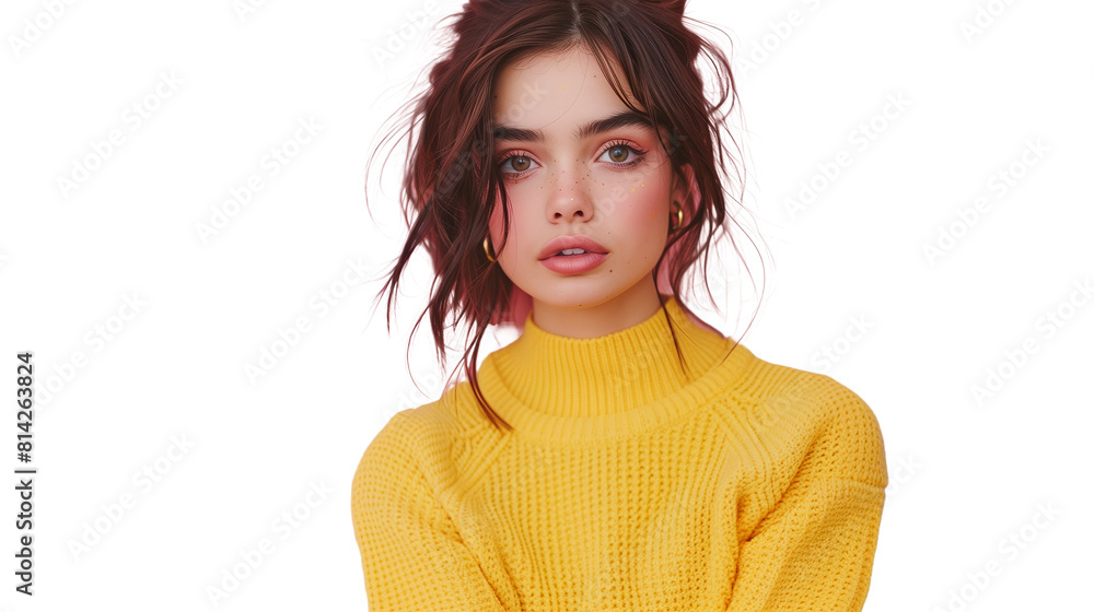 A young woman in a yellow sweater, her brown hair framing her face, tilting her head upwards with a lighthearted expression on PNG Transparent Background. A young woman in a yellow sweater, her brown hair framing her face, tilting her head upwards with a lighthearted expression on PNG Transparent Background.