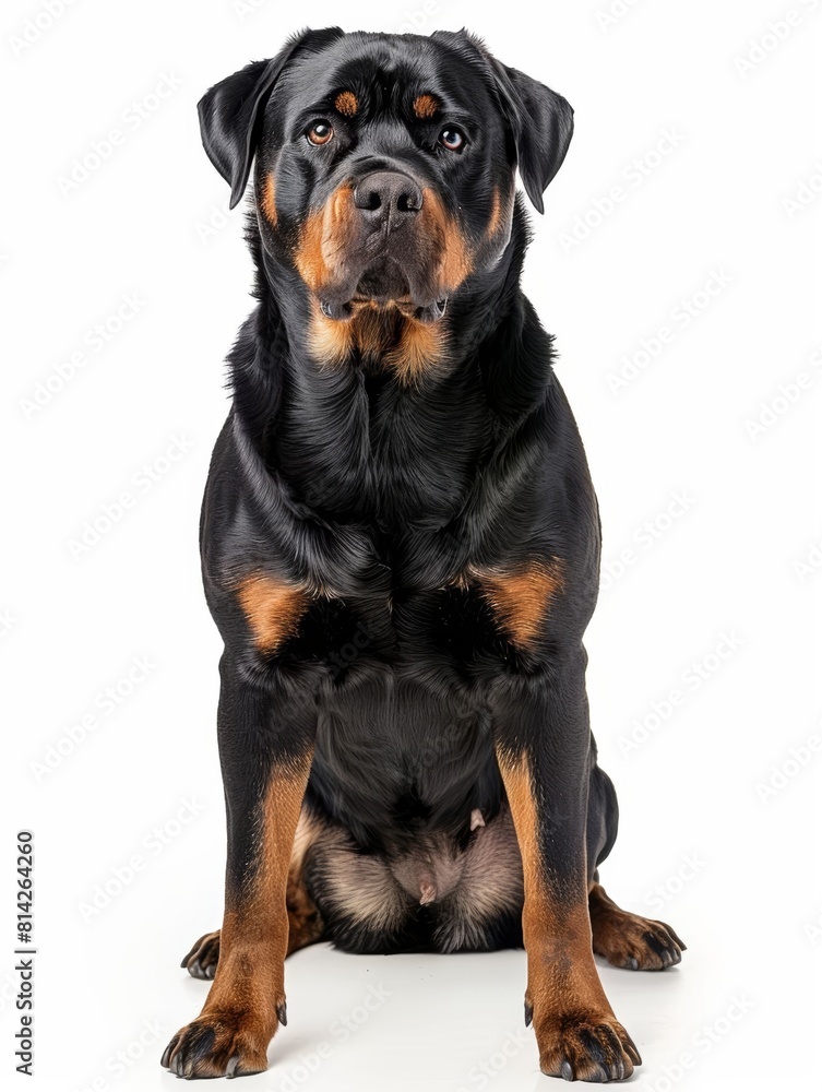Rottweiler A strong and protective Rottweiler standing guard, emphasizing its muscular build and watchful eyes, isolated on white background.