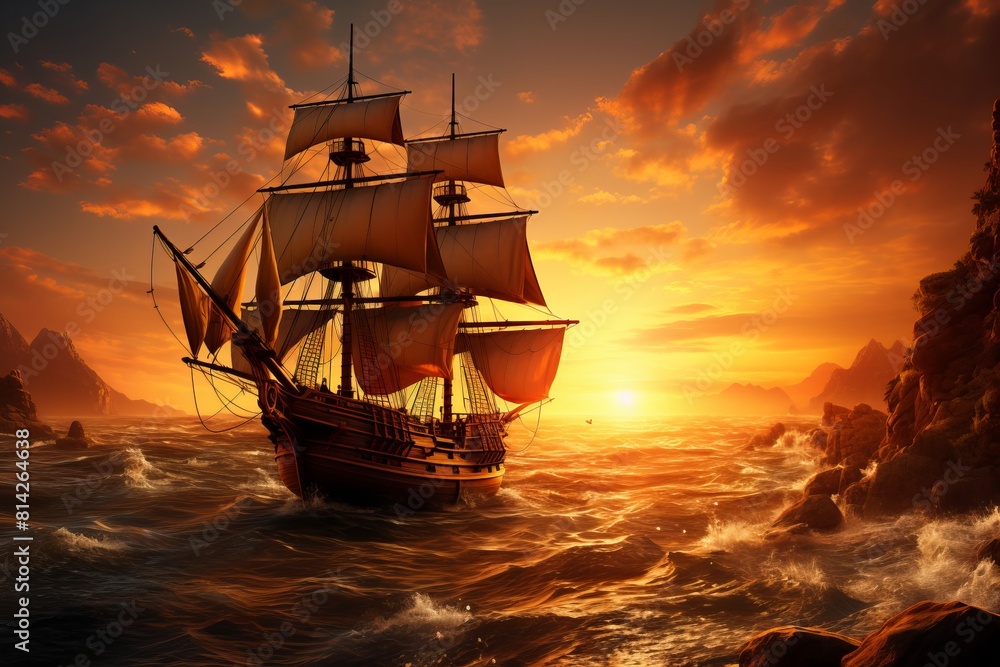 Obraz premium The ship is battered by the waves, but it sails on, a symbol of hope and perseverance. The setting sun casts a golden glow over the scene, creating a beautiful and inspiring image. Digital painting.
