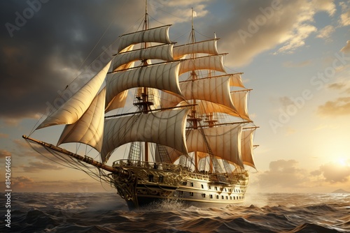 A vintage sailing ship with white sails on the high seas during the day. Made of wood, it has three masts and billowing sails as it moves through the water. Digital painting.