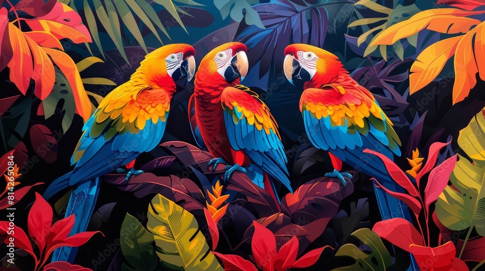 Obraz premium A bright and colorful record cover depicting a tropical scene with parrots and lush foliage in a pop art style