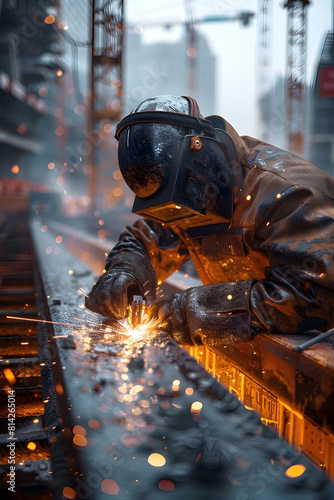 Skilled Welder Fusing Steel Beams Amidst Bustling Construction Site with Cranes,Machinery,and Sparks Igniting