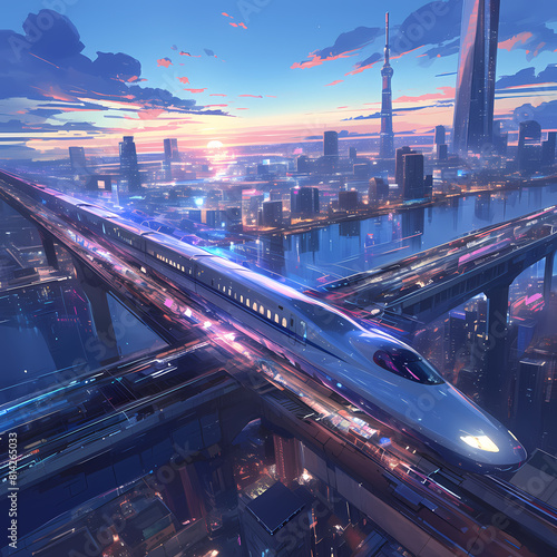High-tech Urban Ecosystem - Train Departing Modern Skyline