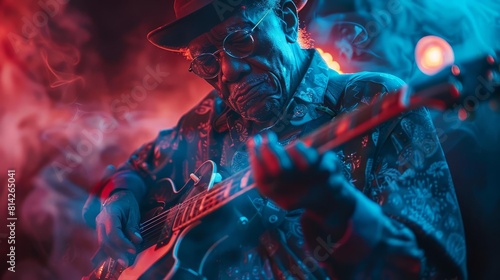 A blues guitarist immersed in playing at a jazz club, with a moody, smokefilled atmosphere photo