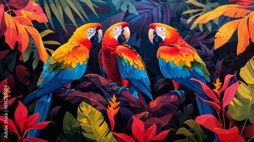 A bright and colorful record cover depicting a tropical scene with parrots and lush foliage in a pop art style