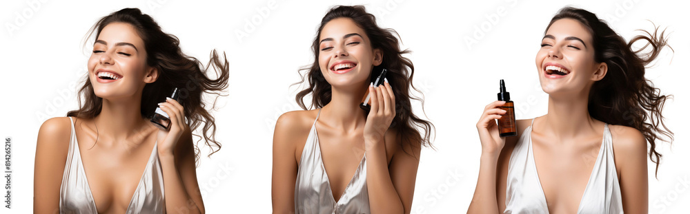 Group of beauty female models with bottle of perfume. Spraying perfume advertising, isolated on transparent background Group of beauty female models with bottle of perfume. Spraying perfume advertising, isolated on transparent background