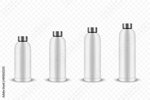 Vector Realistic 3D White Metal Blank Glossy Reusable Water Bottle with Silver Bung Closeup Isolated, Different Sizes. Design Template of Packaging Mockup. Front View