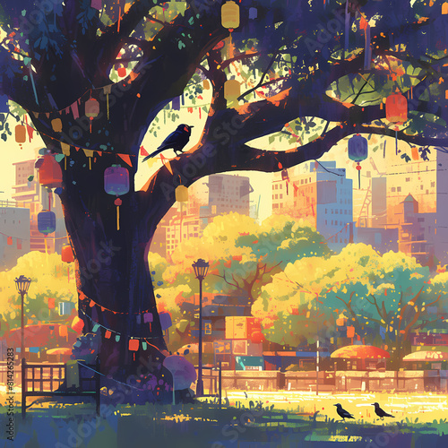 Warm and inviting city park illustration featuring an Erythrina Fusca tree with a birdhouse, perfect for fall-themed projects. photo