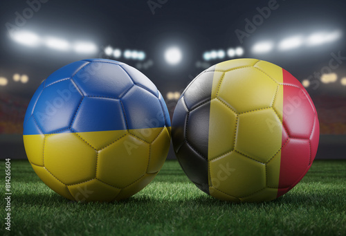 Two soccer balls in flags colors on a stadium blurred background. Group E. Ukraine and Belgium. 3D image.