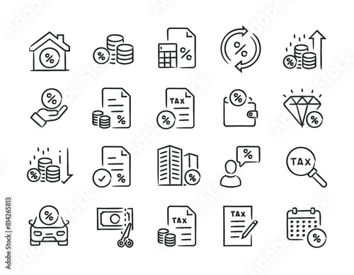 TAX hand drawn doodle sketch style line icons. Vector illustration.