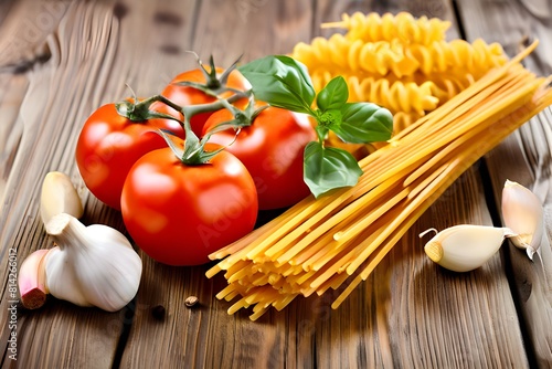 Different types of pasta with tomatoes and garlic on a wooden background.