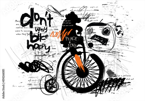 poster a bear riding a bicycle, graffiti slogan print with neon spray, Urban typography street art graffiti slogan print with spray effect, art grunge graphic tee, t shirt graphics print for graphic T