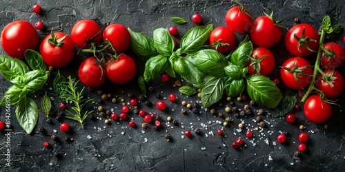 A vibrant and fresh display of tomatoes, basil, and spices on a dark stone background, highlighting the ingredients' vivid colors and textures