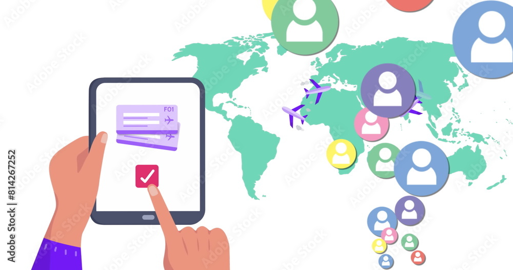 Image of world map and media icons over hands using tablet Image of world map and media icons over hands using tablet