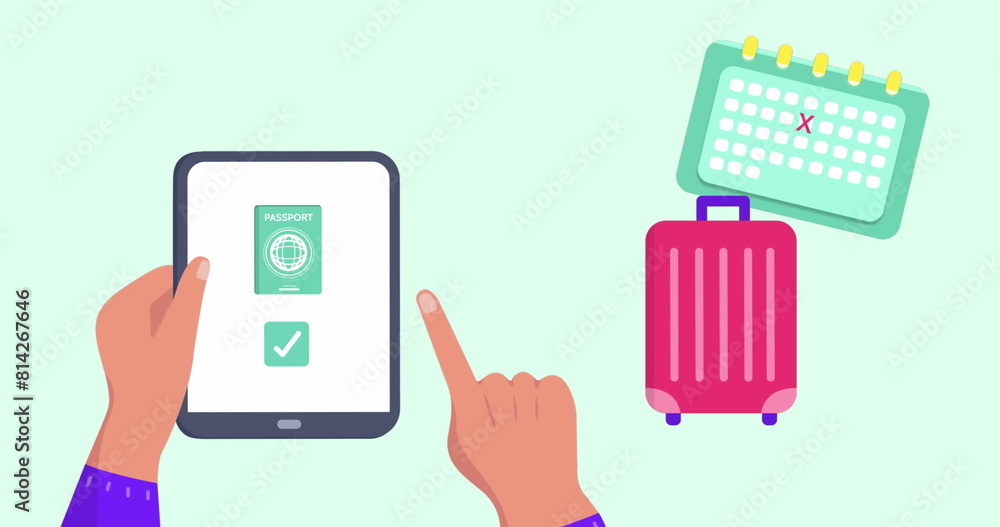 Image of travel icons over hands using tablet