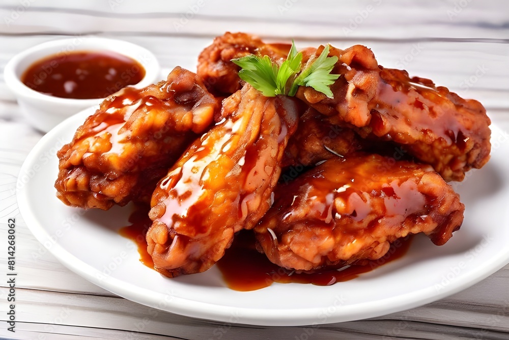 fried chicken wings with sauce on a white plate on a wooden table fried chicken wings with sauce on a white plate on a wooden table