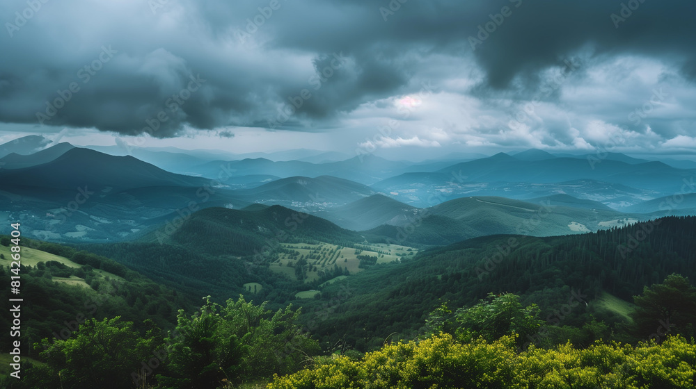 Dramatic mountain landscape with stormy clouds, lush green hills
Dramatic mountain landscape with stormy clouds, lush green hills