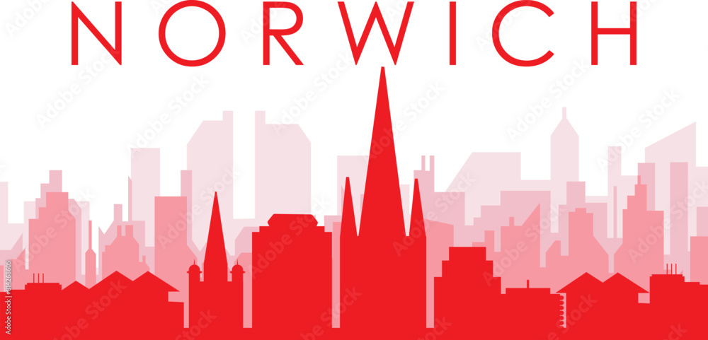 Red panoramic city skyline poster with reddish misty transparent background buildings of NORWICH, UNITED KINGDOM Red panoramic city skyline poster with reddish misty transparent background buildings of NORWICH, UNITED KINGDOM