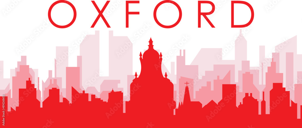 Red panoramic city skyline poster with reddish misty transparent background buildings of OXFORD, UNITED KINGDOM Red panoramic city skyline poster with reddish misty transparent background buildings of OXFORD, UNITED KINGDOM