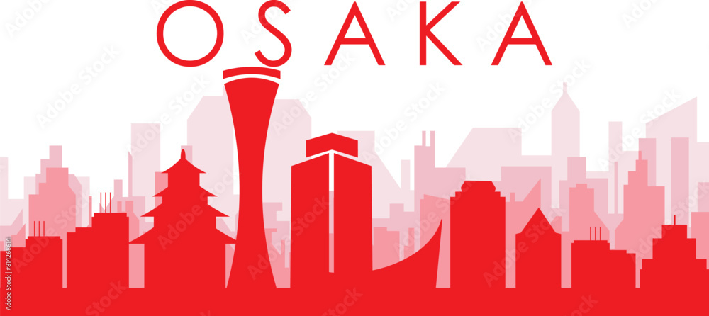 Red panoramic city skyline poster with reddish misty transparent background buildings of OSAKA, JAPAN Red panoramic city skyline poster with reddish misty transparent background buildings of OSAKA, JAPAN