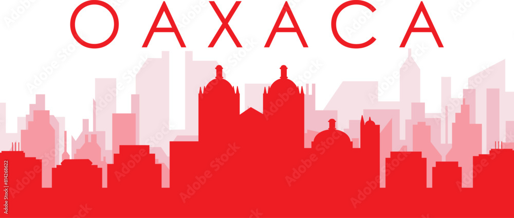 Red panoramic city skyline poster with reddish misty transparent background buildings of OAXACA, MEXICO Red panoramic city skyline poster with reddish misty transparent background buildings of OAXACA, MEXICO
