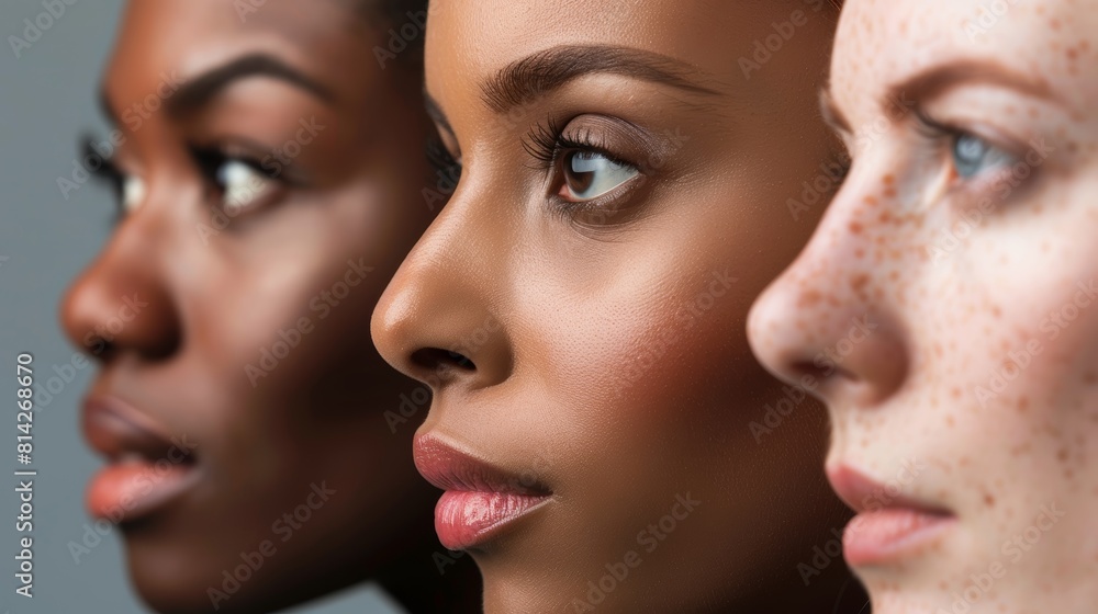 Close-up profile view of three diverse women with different skin tones and unique facial features, showcasing beauty, diversity, and individuality Close-up profile view of three diverse women with different skin tones and unique facial features, showcasing beauty, diversity, and individuality