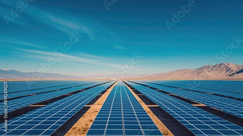 A vast solar panel farm stretches across a desert landscape  harnessing the power of the sun for renewable energy. AIG41