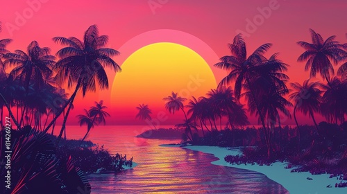 Palm trees silhouettes at colorful sunset background, gradient sunset palm trees wallpaper