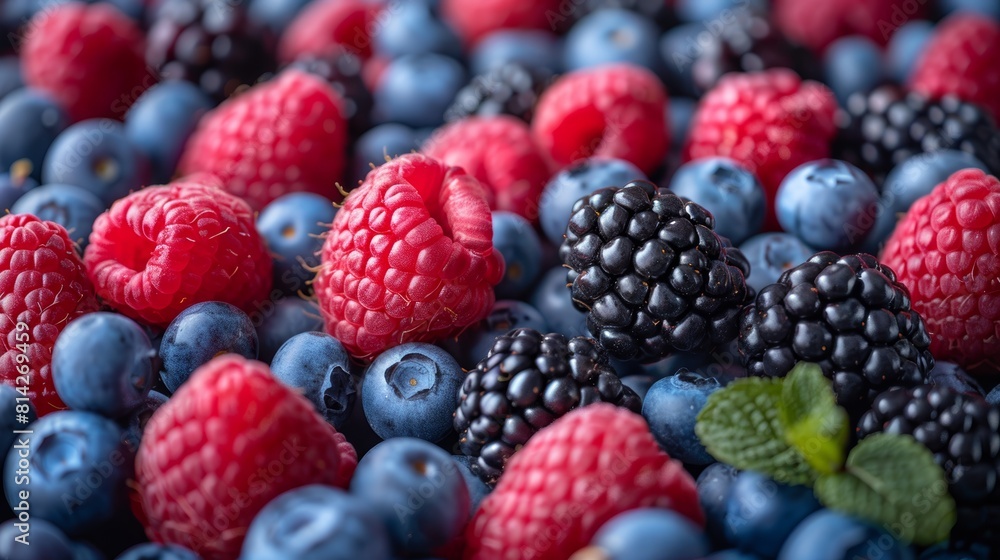 A colorful and detailed close-up of mixed fresh berries including raspberries, blueberries, and blackberries on a textured surface A colorful and detailed close-up of mixed fresh berries including raspberries, blueberries, and blackberries on a textured surface