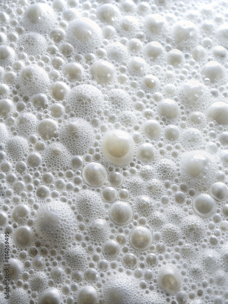 The image shows a close-up of a foamy white liquid with many small bubbles. The bubbles vary in size and are scattered throughout the liquid. Some are larger and more prominent, while others are small The image shows a close-up of a foamy white liquid with many small bubbles. The bubbles vary in size and are scattered throughout the liquid. Some are larger and more prominent, while others are small