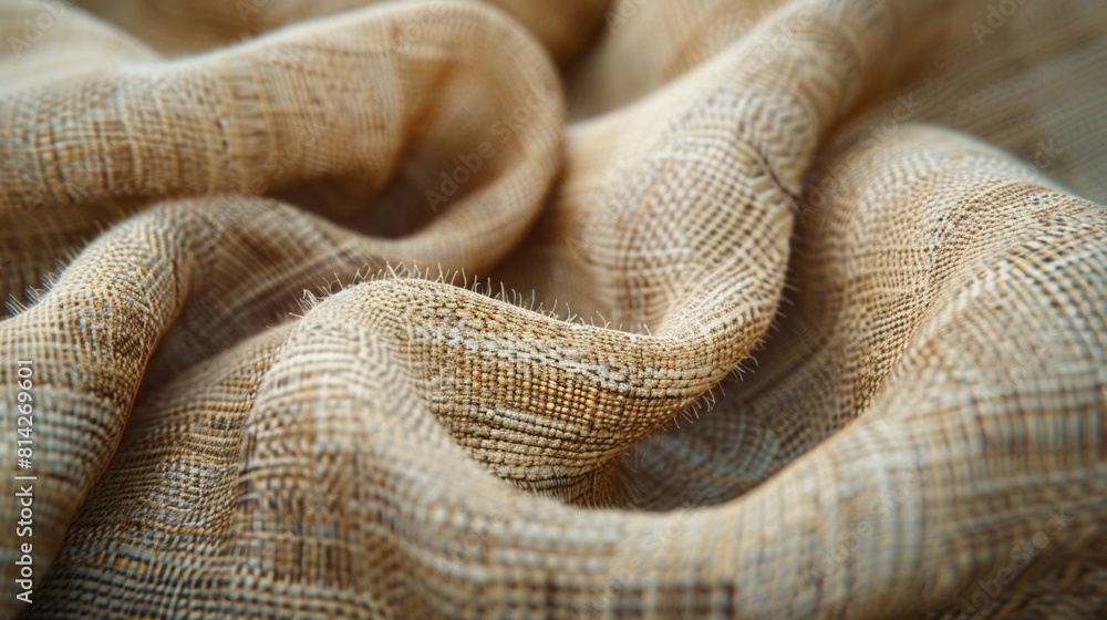 A close-up view of a rough linen fabric with visible threads and a natural. A close-up view of a rough linen fabric with visible threads and a natural.
